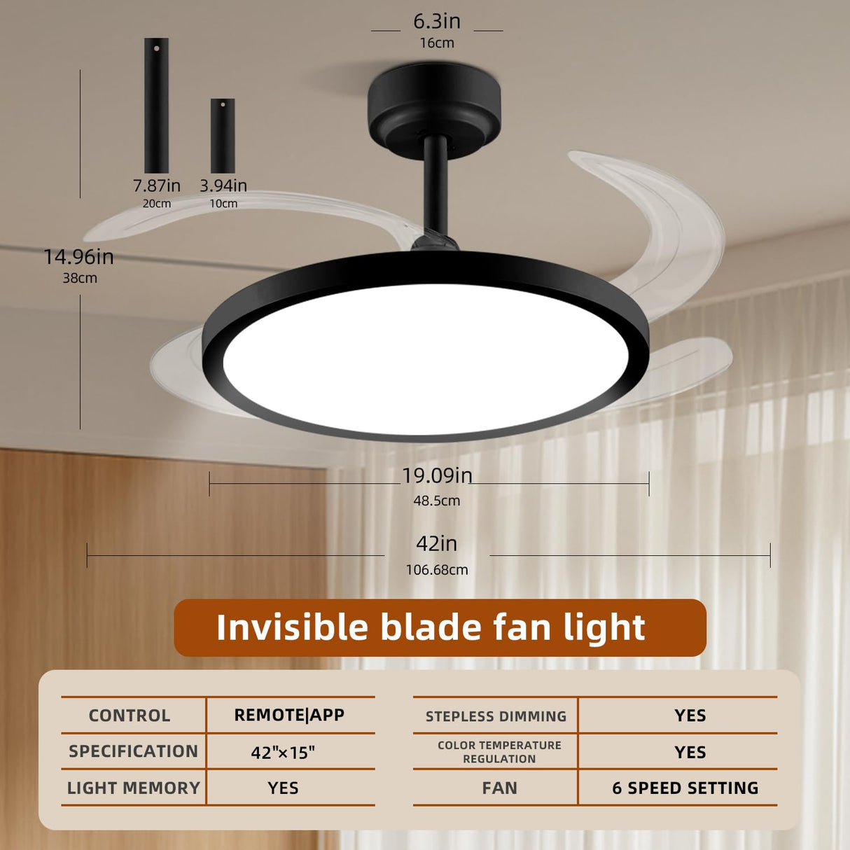 BAYSQUIRREL Slim Retractable Ceiling Fan with Lights and Remote/APP Control,6 Speed Dimmable Reversible Memory Ceiling Fan,42 inch Modern Silent Smart Ceiling Fans for Bedroom Living Room Dinning Room BAYSQUIRREL