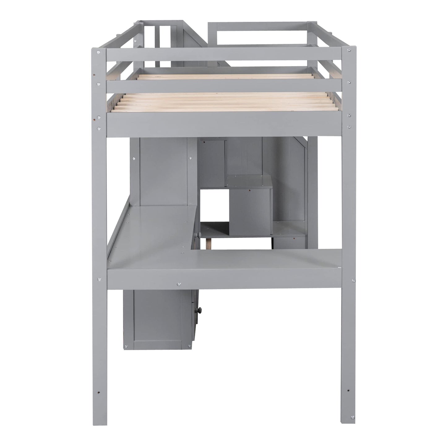 Twin Size Loft Bed with Desk, Stairs and Storage by Harper & Bright Designs - Solid Wood Frame in Grey - WoodArtSupply