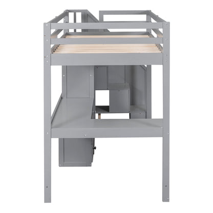 Twin Size Loft Bed with Desk, Stairs and Storage by Harper & Bright Designs - Solid Wood Frame in Grey - WoodArtSupply