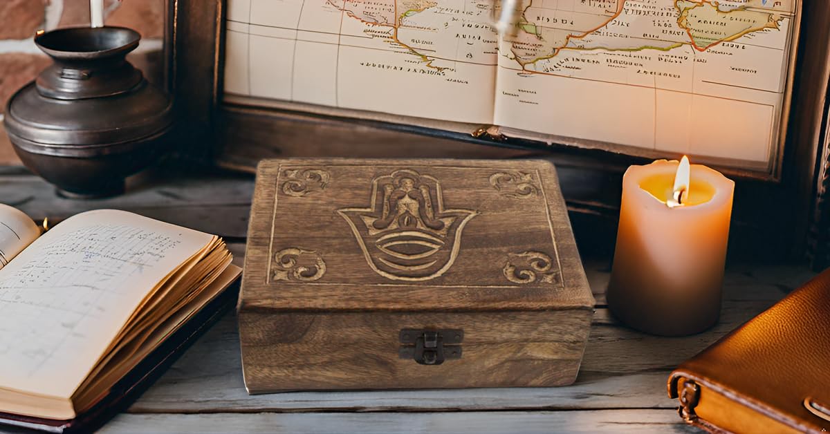 Great Birthday Gifts Handmade Decorative Wooden Jewelry Box Hamsa Hand Carving Jewelry Organizer Keepsake Box Treasure Chest Trinket Holder Watch Box Storage Lock Box 7 x 5 Inches Housewarming Gift The Great Indian Bazaar