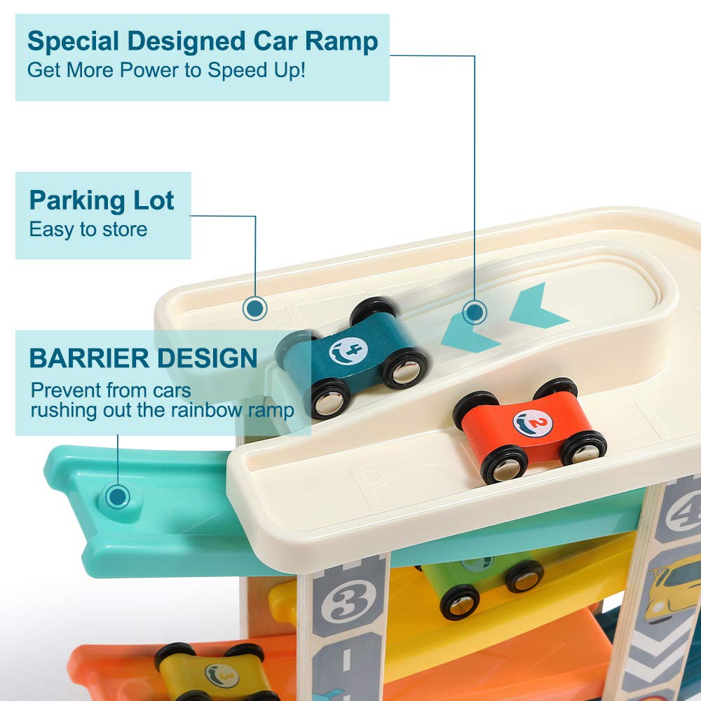 TOP Bright Toddler Wooden Race Track Car Ramp Toys for 1 2 Year Old Baby Motor Skills Race Tracks Car Ramp Vehicle Playsets with 4 Mini Cars and 1 Car Garage TOP BRIGHT