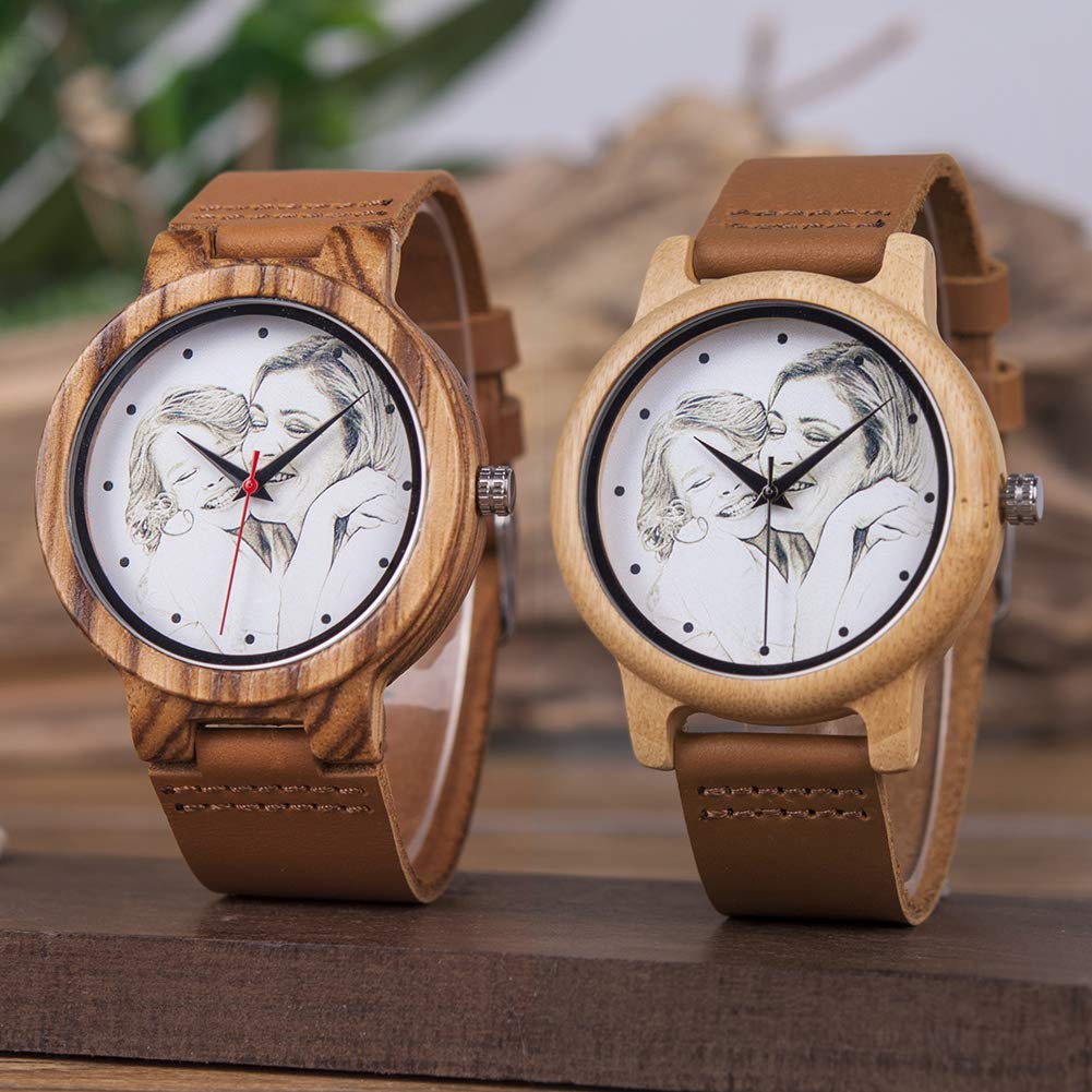 DB-WINNER Customized Wooden Watches for Men Photo Engraved on Watch Face Handmade Natural Bamboo Wood Leather Strap Wrist Watches with Wooden Present Box for Christmas, Birthday or Anniversary DB-WINNER