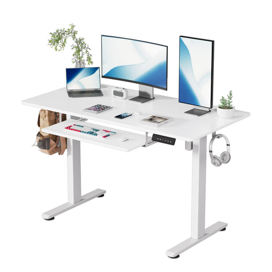 CROWNFURN Electric Standing Desk with Keyboard Tray, Adjustable Height Stand Up Desk for Home Office, 48x24 Inches Sit Stand Desk Computer Workstation, White Frame & Desktop - WoodArtSupply