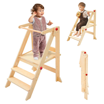 Foldable Toddler Tower with Safety Rails, 3-Level Adjustable Height Standing Kitchen Stool Helper with Safety Feet, Montessori Learning Tower for Toddlers Aged 1-6，Natural