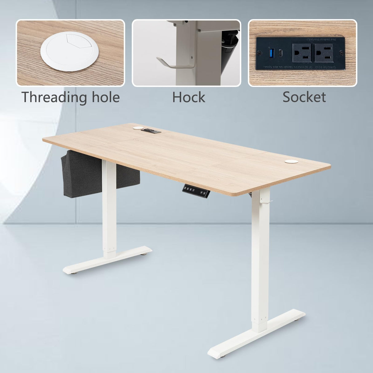 PORIYA 55x24 Inch Electric Height Adjustable Standing Desk with Cable Management, Acceptable 220V,Splice Board, Mouse Pad, 2-Outlet Power Strip with USB 20W Charger, and Casters（White Frame&Log Top） PORIYA