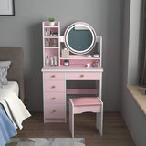 FUFU&GAGA Pink Vanity Set with Round Lighted Mirror, Makeup Vanity Dressing Table with 5 Drawers, Shelves, Dresser Desk and Cushioned Stool FUFU&GAGA