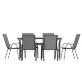 Flash Furniture Brazos Commercial Outdoor Dining Set, 60" Tempered Glass Patio Table with Umbrella Hole, 6 Stack Chairs with Flex Comfort Seats and Backs, Gray/Black Flash Furniture