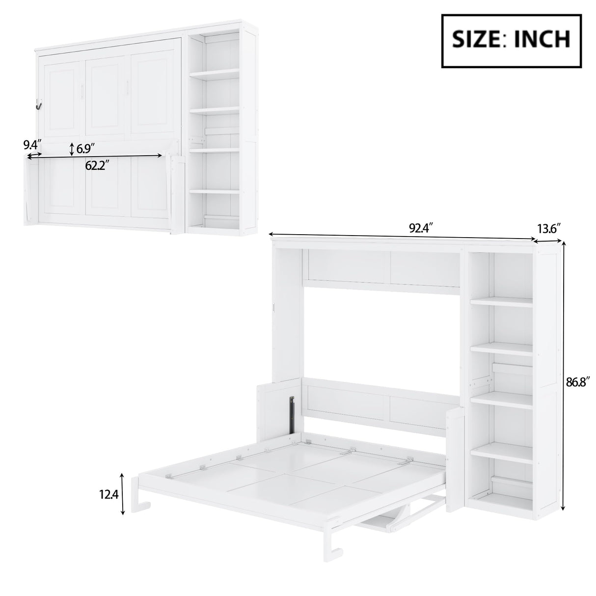 Queen Murphy Bed with Desk and Storage Shelves,Wood Hideaway Murphy Wall Bed with Storage Bookcase for Adults (White) MERITLINE