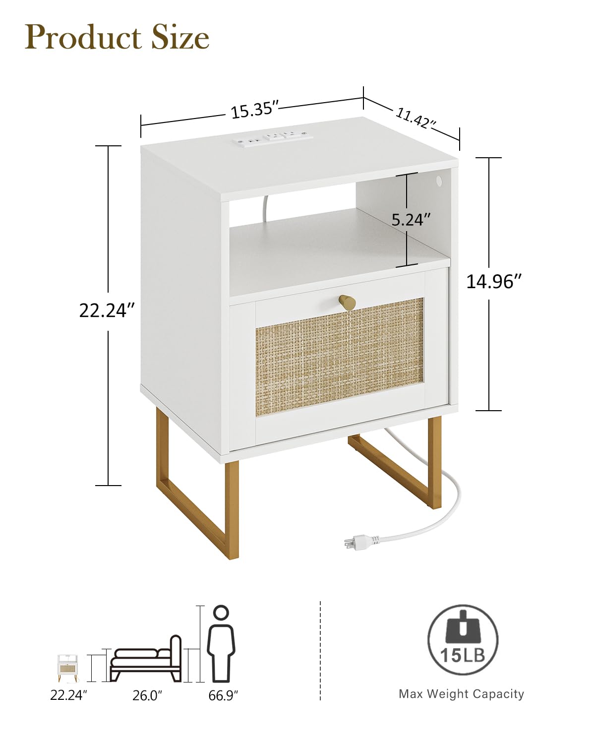 Masupu Rattan Nightstand with Charging Station,Modern Boho Farmhouse Wood Bedside Table with Storage Drawer and Open Shelf,Small Gold Frame Side End Table for Bedroom,Living Room,Office White Masupu