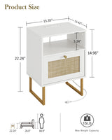 Masupu Rattan Nightstand with Charging Station,Modern Boho Farmhouse Wood Bedside Table with Storage Drawer and Open Shelf,Small Gold Frame Side End Table for Bedroom,Living Room,Office White Masupu