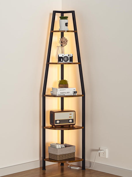 Furnulem 5 Tier Corner Shelf with LED Light, 67.2” Tall Standing Shelf for Wall Corner, Narrow Bookshelf Ladder Shelf for Bedroom, Living Room, Plant, Wood Storage Rack, Metal Frame (Rustic Brown) Furnulem
