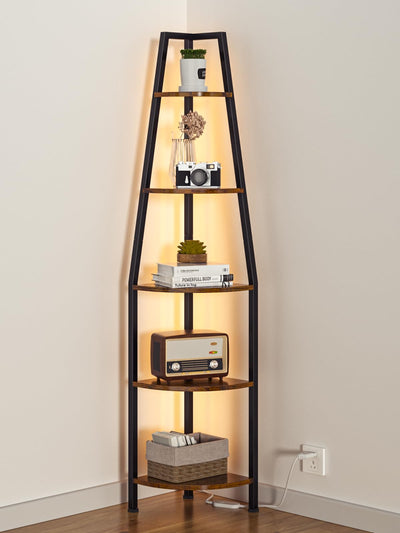 Furnulem 5 Tier Corner Shelf with LED Light, 67.2” Tall Standing Shelf for Wall Corner, Narrow Bookshelf Ladder Shelf for Bedroom, Living Room, Plant, Wood Storage Rack, Metal Frame (Rustic Brown)