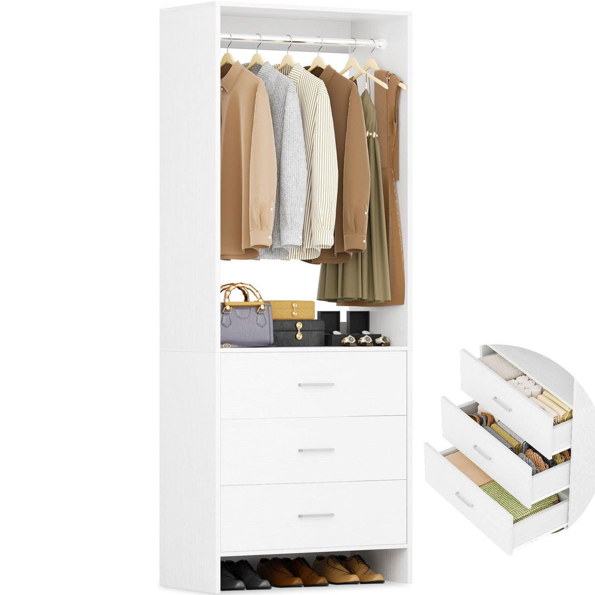 Aheaplus 2FT Closet System with 3 Drawers, 24’’ Closet Organizer, Wood Closet Organizer System, Walk-in Closet or Small Closets Wardrobe, Clothes Rack with Hanging Rods,-E6, White Aheaplus