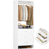 Aheaplus 2FT Closet System with 3 Drawers, 24’’ Closet Organizer, Wood Closet Organizer System, Walk-in Closet or Small Closets Wardrobe, Clothes Rack with Hanging Rods,-E6, White Aheaplus
