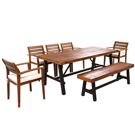 Goldshire 7 Pieces Outdoor Dining Set, 1 Acacia Wood Patio Table & 1 Bench & 5 Chairs for 7-8 Persons with Removable Cushions for Indoor Yard Garden Goldshire