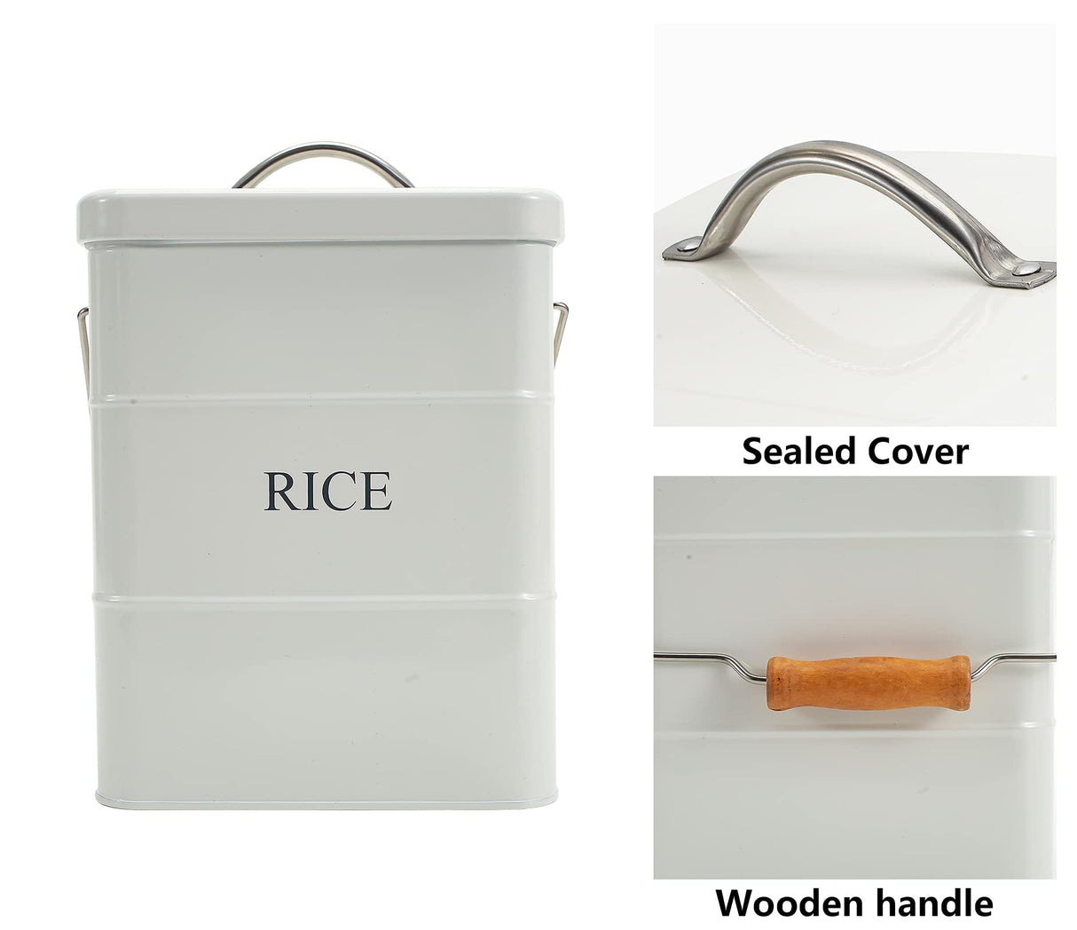 Xbopetda Metal Rice Storage Box, Square Rice Container with Lid and handle, Sealed Food Storage Bin for Kitchen, Countertop Organizer Jar for Rice Flour Soybean Grain Cereal-White Xbopetda