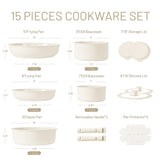 CAROTE 15pcs Ceramic Cookware Set, Pots and Pans Set Non Stick, Induction Kitchen Cookware Sets, Non Stick RV Cookware Set with Detachable Handle, Dishwasher/Oven Safe Cookware Set, Cream White CAROTE