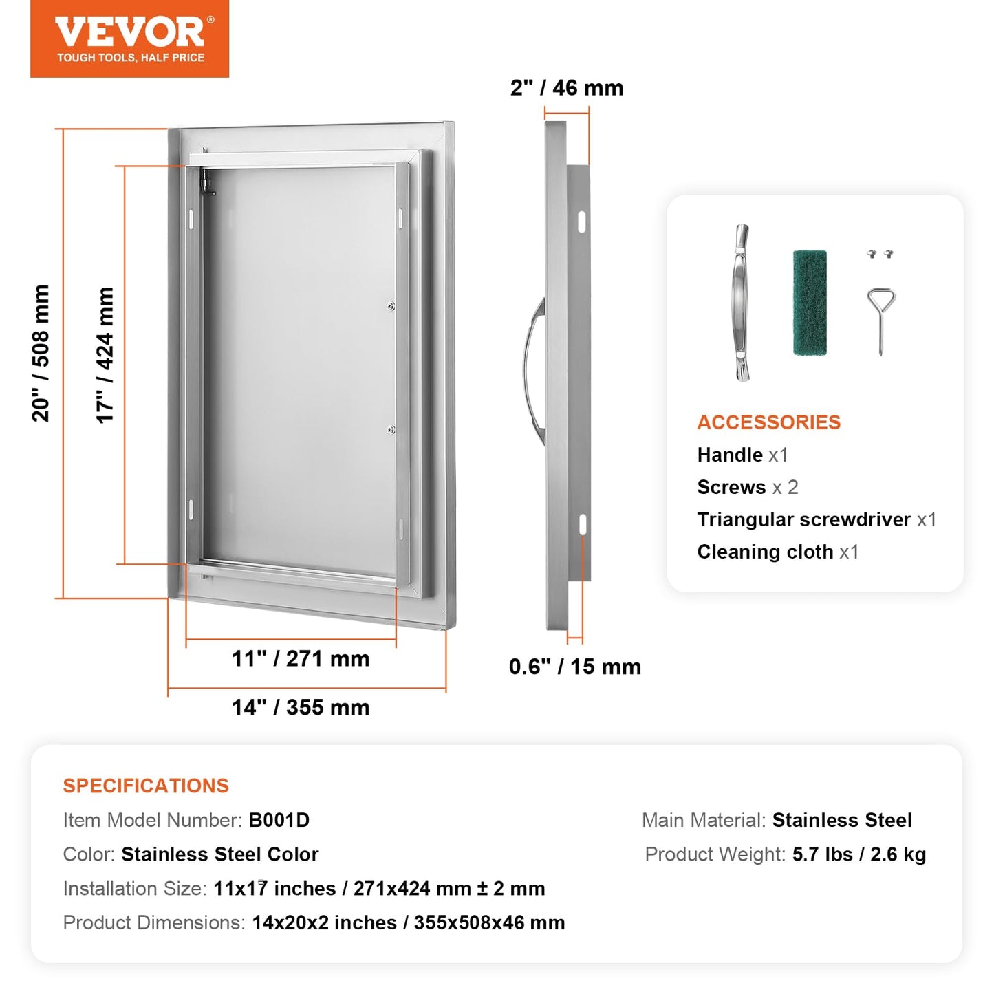 VEVOR BBQ Access Door 14W x 20H Inch, Vertical Single BBQ Door Stainless Steel, Outdoor Kitchen Doors for BBQ Island, Grill Station, Outside Cabinet