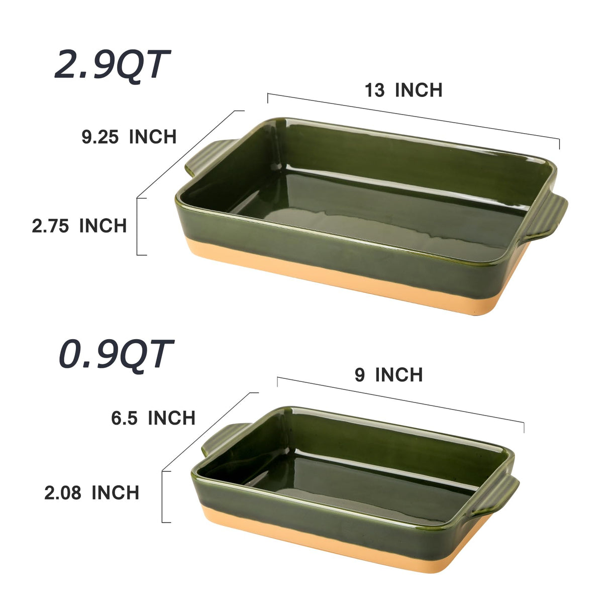 Howise Ceramic Baking Casserole Dish with Handles, Large 9x13 inch Pan and Middle Baking Pan - Porcelain Serving Bakeware Set (Forest Green) Howise