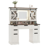 Vabches Farmhouse Makeup Vanity with Sliding Cabinets, White Vanity Desk with Lights Mirror and Power Outlet, Rustic Dressing Table with 4 Drawers&2 Storage Cabinets for Bedroom Vabches