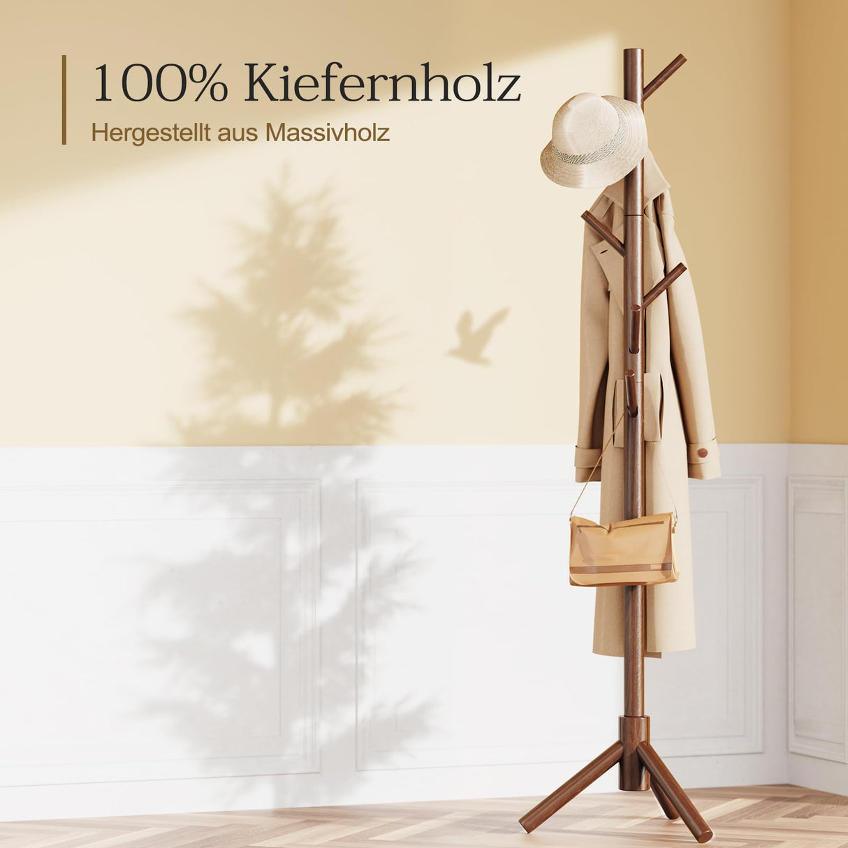 Pipishell Sturdy Wooden Coat Tree with 8 Hooks, 3 Adjustable Sizes for Clothes, Hat Stand Used in Bedroom/Office/Entryway, Brown Pipishell