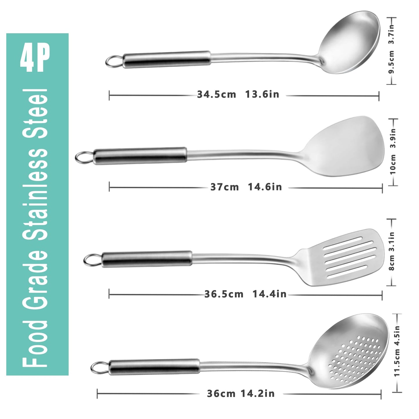 Pleafind 4-Pcs Cooking Utensils Set, Stainless Steel Kitchen Utensils, Wok Utensils Set Include Wok Ladle, Slotted Spoon, Wok Spatula and Slotted Spatula, Dishwasher Safe