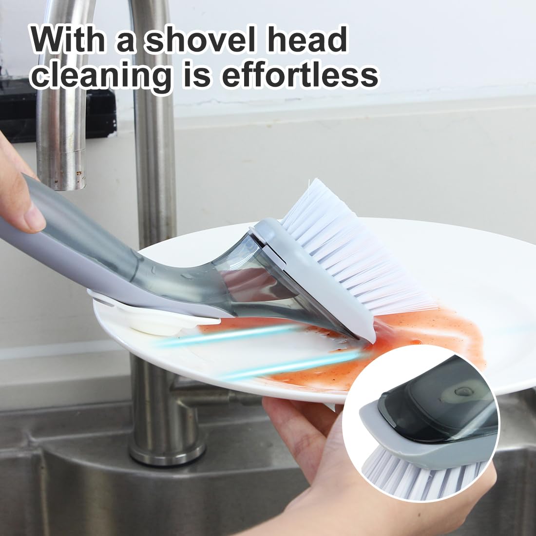 CQT Soap Dispensing Dish Brush Storage Set, Dish Scrubber with Handle, Kitchen Washing Brush for Pot Pan Sink Cleaning, Kitchen Brush with Holder and 1 Replaced Scouring Pad Head CQT