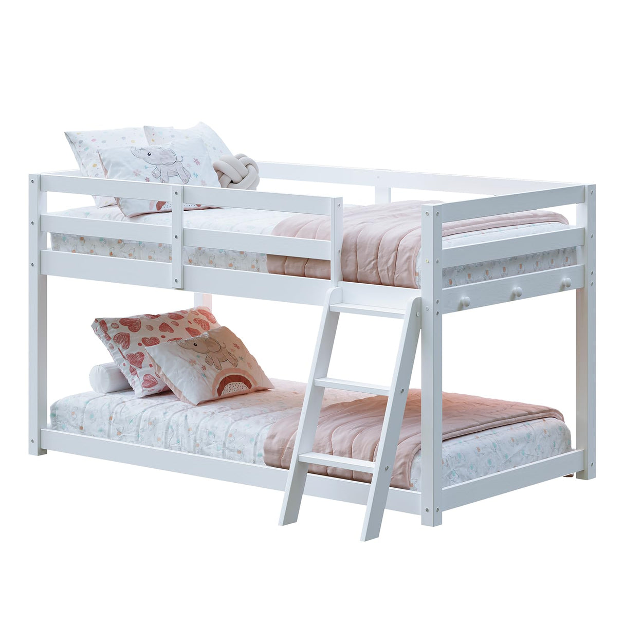 Vantic Low Bunk Bed with Guardrail and LED Light, Floor Toddler Bunk Bed Twin Over Twin with Wide Stairs, Convertible Soild Wooden Loft Bed for Kids with 6 Hooks, Space-Saving, White Vantic