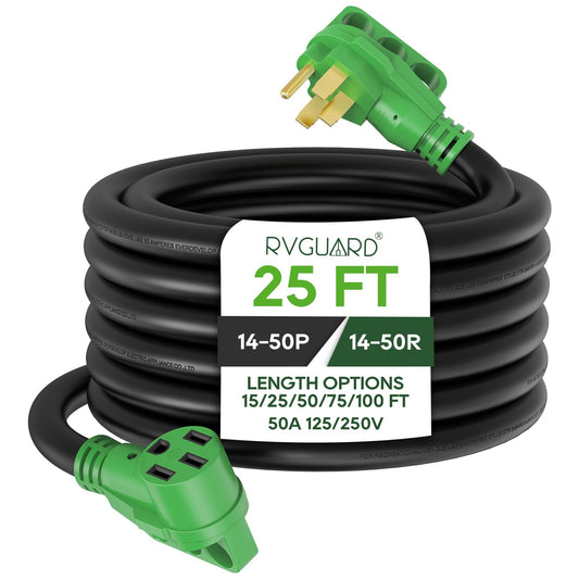 RVGUARD 50 Amp 25 Foot RV/EV Extension Cord, NEMA 14-50P/R Heavy Duty Extension Cord with LED Power Indicator and Cord Organizer, Green, ETL Listed - WoodArtSupply