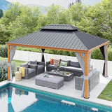 Patiorama 12’ x 16’ Hardtop Gazebo, Outdoor Wood Grain Frame Aluminum Gazebo with Galvanized Steel Double Vented Roof Canopy, W/Shaded Curtains and Netting, Pergola for Patio, Yard, Garden (Grey) Patiorama