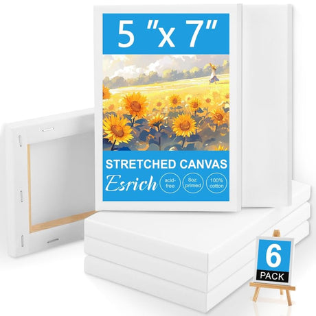 ESRICH Small Canvases for Painting, 6 Pack Canvas 5x7 Inch Stretched Canvas 2/5" Profile Primed Acid Free Painting Canvas for Kids for Oil Paint,Watercolor,Acrylic Paint,Gouache &Tempera. ESRICH