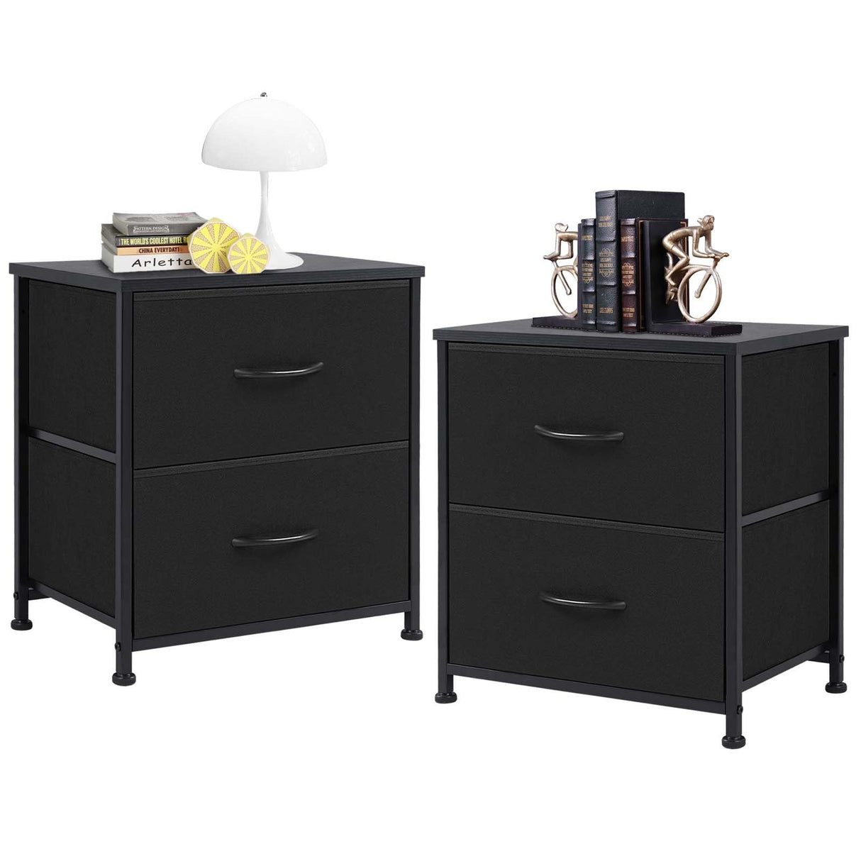 Night Stand Set of 2, Wide NightStands with 2 Drawers, Mid Century Small Nightstand with Adjustable Feets, Portable Bedside Table Set for Living Room, Entryway, Bed Room, Black (2PCS) WoodArtSupply