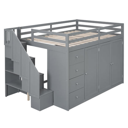 Harper & Bright Designs Grey Full Size Loft Bed with Storage Stairs and Wardrobes - WoodArtSupply