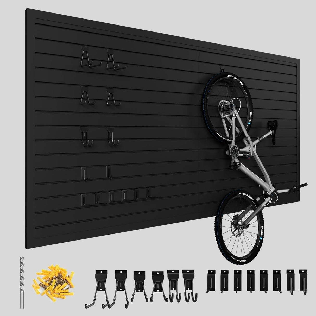 Ginchain 4'H x 8'W Slatwall Panel Garage Wall Organizer with 14 Hooks, Heavy Duty Interlocking Slat Wall Paneling Sheets, Garage Slatwall for Tool Organization Mounted Storage Systems Black Ginchain