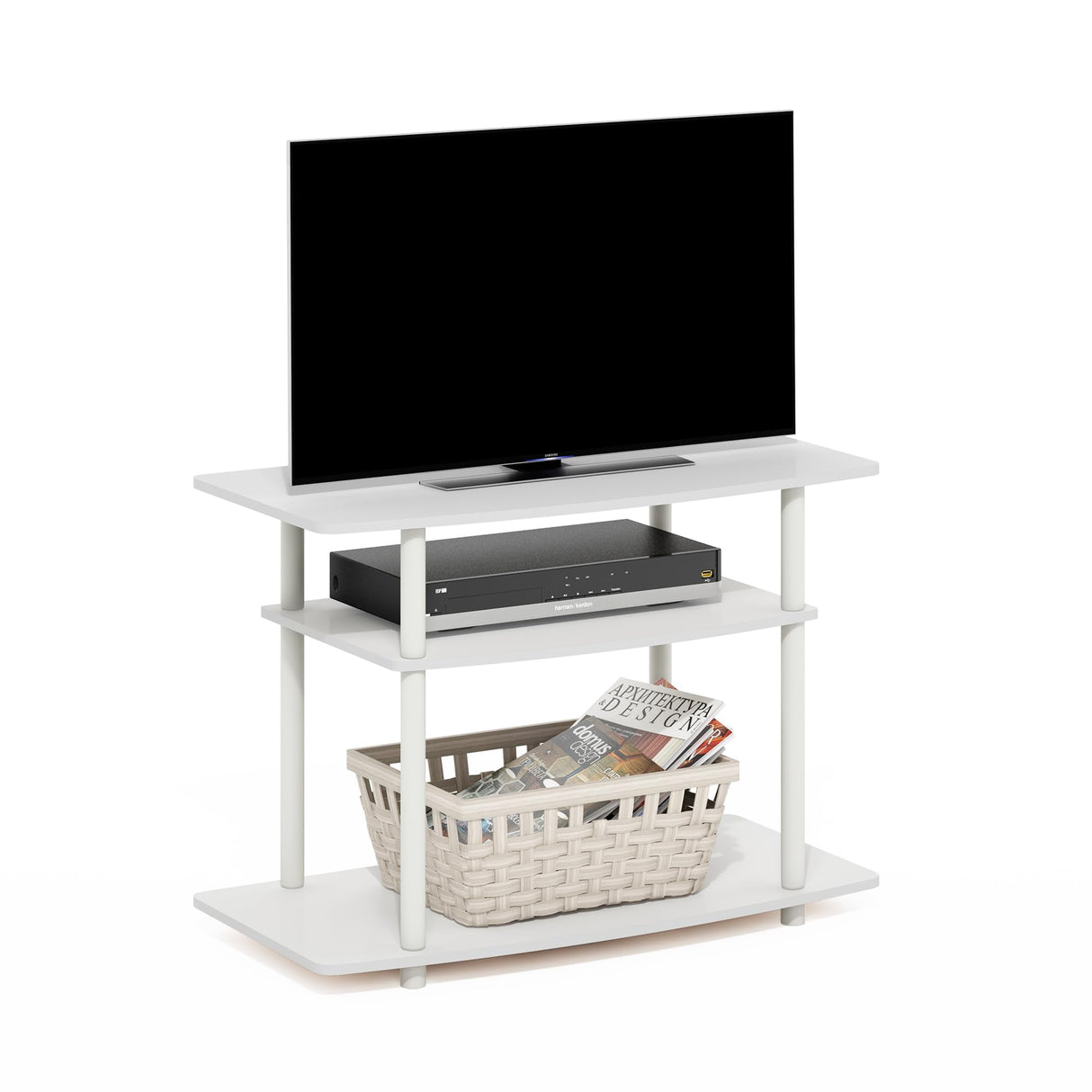 Furinno Turn-N-Tube No Tools 3-Tier TV Stands, White/White Furinno