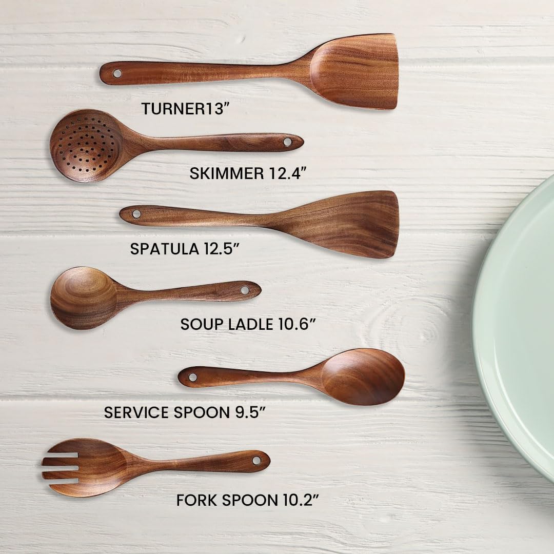6 Piece Wooden Utensil Set for Cooking – Wooden Kitchen Utensils Set with Wooden Spoons, Spatulas, and Ladle – Non-Toxic Wooden Cooking Utensils, Perfect for Cast Iron & Non-Stick Cookware Shalinindia