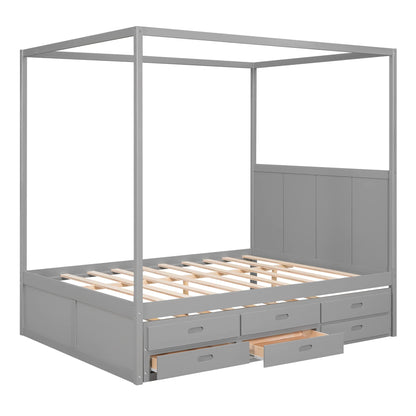 Harper & Bright Designs Grey Queen Canopy Bed with Twin Trundle and 3 Storage Drawers - WoodArtSupply