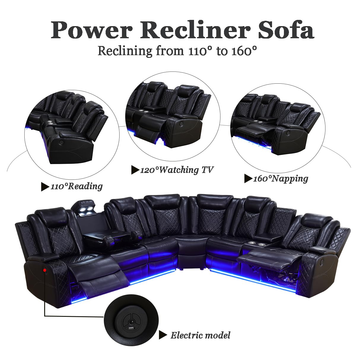 A Ainehome Power Recliner Set, Leather Sectional Sofa Set for Living Room, Home Theater, with LED Lights, Cup Holder, Hide-Away Storage, Wireless Charging(A-Black) A Ainehome