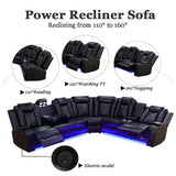 A Ainehome Power Recliner Set, Leather Sectional Sofa Set for Living Room, Home Theater, with LED Lights, Cup Holder, Hide-Away Storage, Wireless Charging(A-Black) A Ainehome