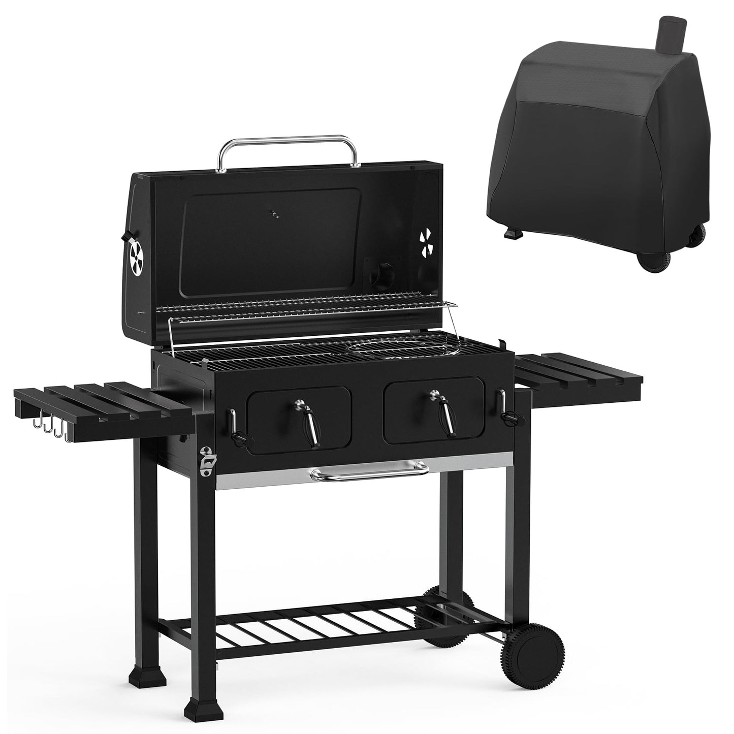 Onlyfire Extra Large BBQ Charcoal Grill with Large Cooking Grate and Warming Rack, Outdoor Barbecue Grill with Dual-Zone Adjustable Charcoal Tray and 2 Foldable Side Table, Black GS339-A