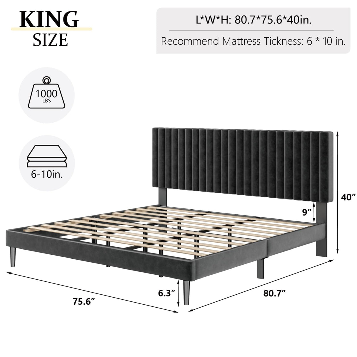 HAOARA King Size Bed Frame, King Size Platform Bed Frame and Velvet Upholstered Headboard with Strong Wood Slats, Box Spring Optional, Mattress Foundation, Easy Assembly Black HAOARA