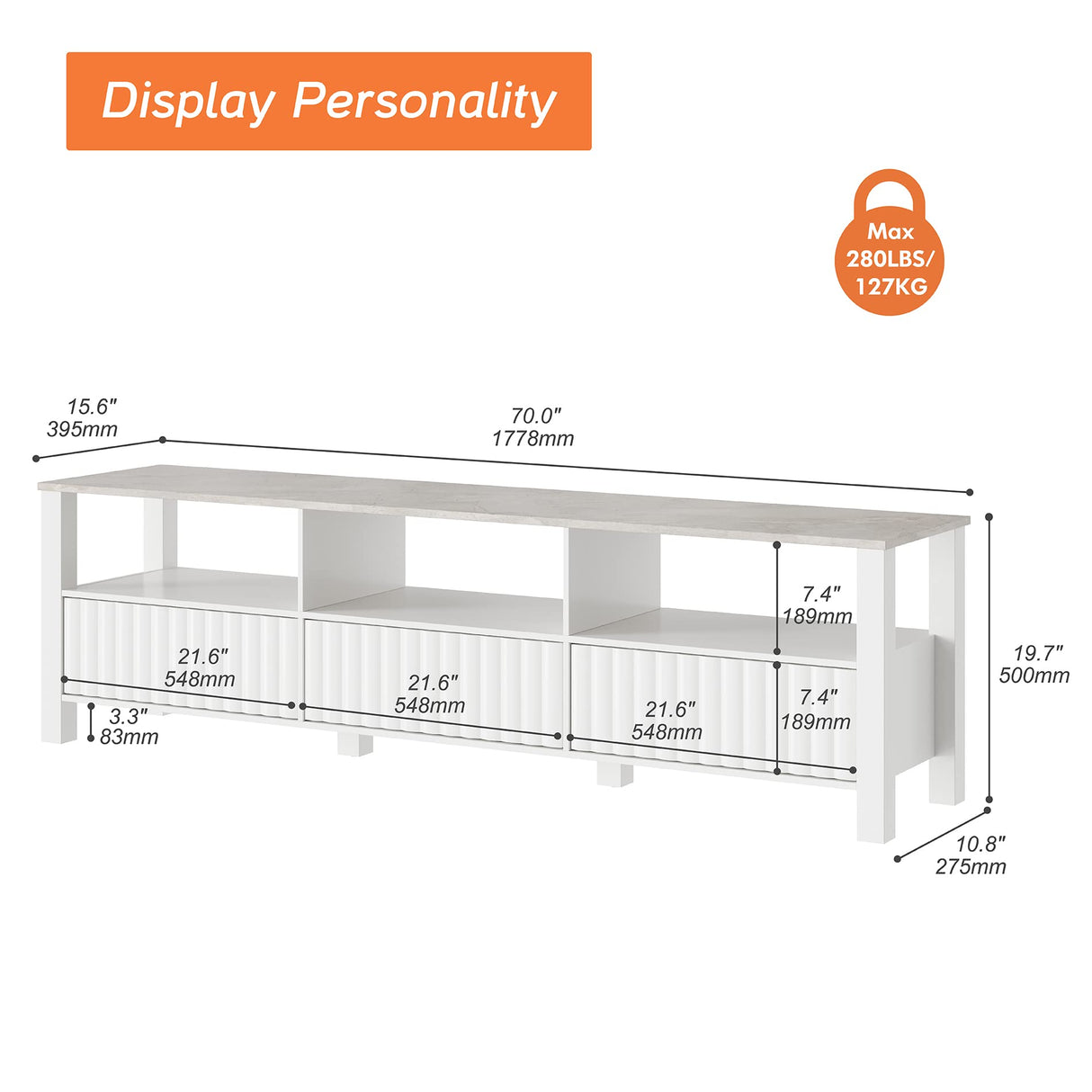 WAMPAT White TV Stand with Storage for 75 Inch TV, Modern TV Console Table for 65+ Inch TV, Entertainment Center with LED Light, Television Stands for Living Room Bedroom, 70 Inch WAMPAT