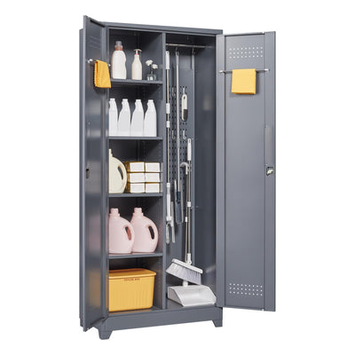 FLEXIMOUNTS 73'' Tall Metal Storage Cabinet with Locking Door, Large Cleaning Tool Organizer for Brooms, Garage, Laundry Room, Bathroom, Dark Grey