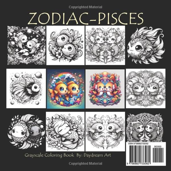 Kawaii Zodiac Pisces Grayscale Coloring Book: 40 Pages of Adorable Pisces Pictures