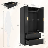 PPorfamilia 70" Wardrobe Closet with 2 Doors and 2 Drawers, Clothing Storage Cabinets with Hanging Rod, Modern Wooden Armoire Wardrobe Closet with Gold Handles for Bedroom Armoires Laundry PPorfamilia