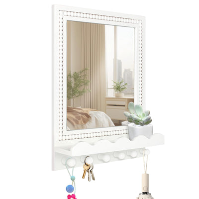 Tirzah 16x12 Inch Wall Mount Beaded Wood Framed Mirror with Shelf and 6 Hooks, White Decorative Entryway Mirror with Storage for Laundry Room, Bathroom, Bedroom