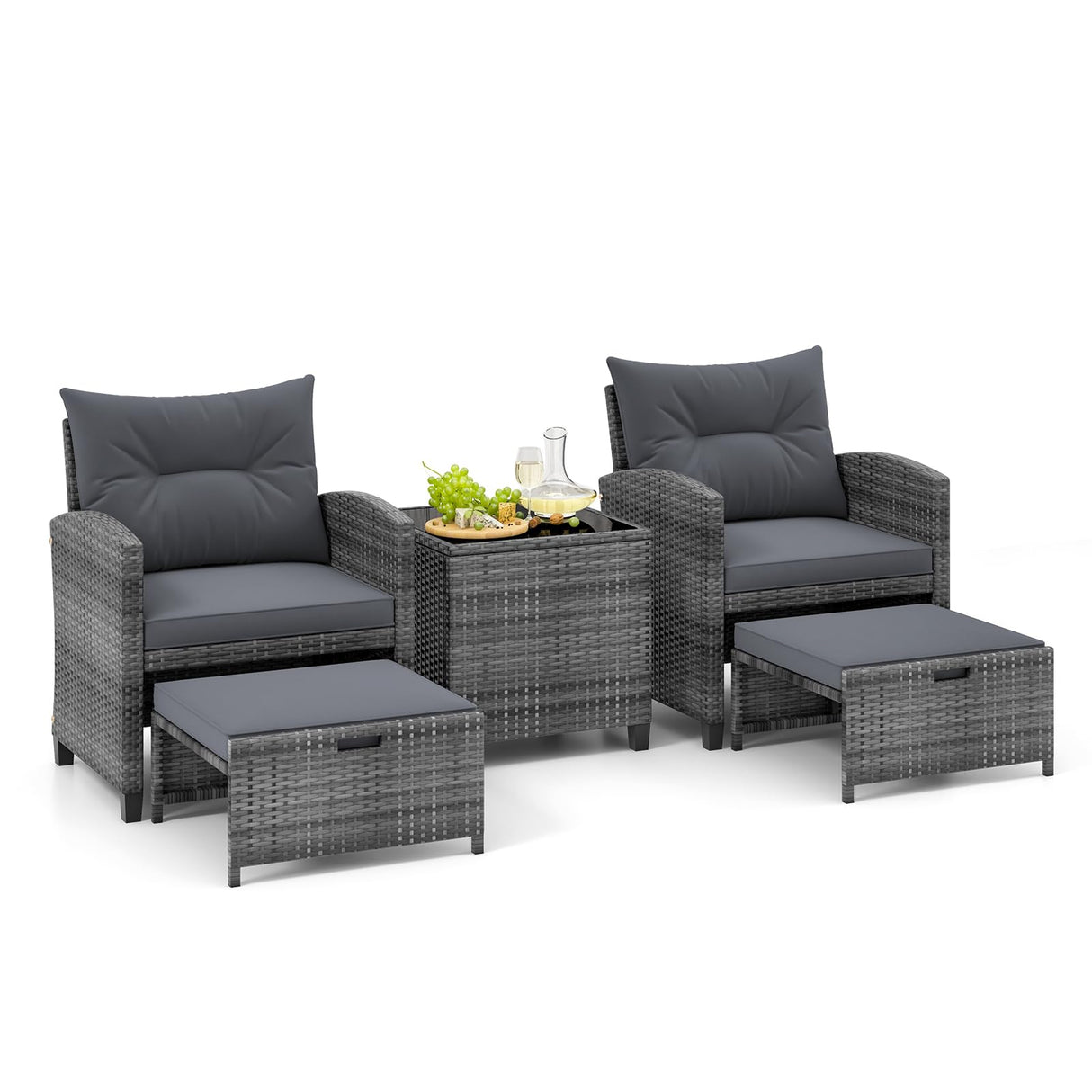 Tangkula 5 Piece Patio Rattan Furniture, Wicker Cushioned Chairs Set w/ 2 Ottomans & Tempered Glass Coffee Table, for Poolside, Backyard, Lawn, Deck Tangkula