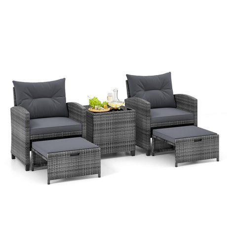 Tangkula 5 Piece Patio Rattan Furniture, Wicker Cushioned Chairs Set w/ 2 Ottomans & Tempered Glass Coffee Table, for Poolside, Backyard, Lawn, Deck Tangkula