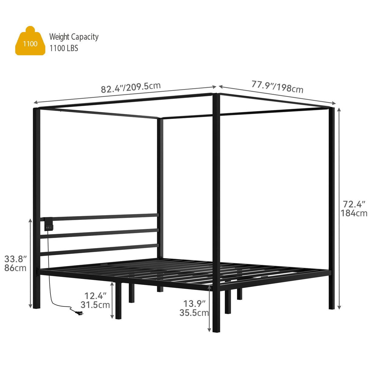 DWVO Canopy Bed Frame King, Four Poster Platform Bed with USB Charging Station, Metal Bed Frame with Slats Support, 12.4 inch Underbed Storage, No Box Spring Needed, Black DWVO