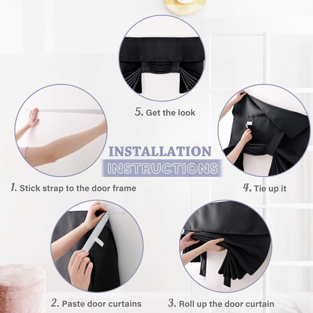 RYB HOME Blackout Door Curtain - Tricia Window Shades Thermal Insulated Light Block French Curtain Tie up Shades Energy Efficient Double Door Blind, 26 x 69 inches, Black, 1 Panel RYB HOME